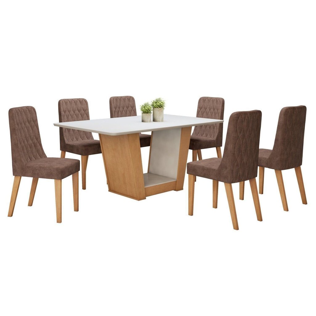 Conjunto Sala de Jantar 6 Lugares Retangular Tampo MDF Mesa Apogeu com Cadeiras Luar Off White/Amêndoa Clean/Couro