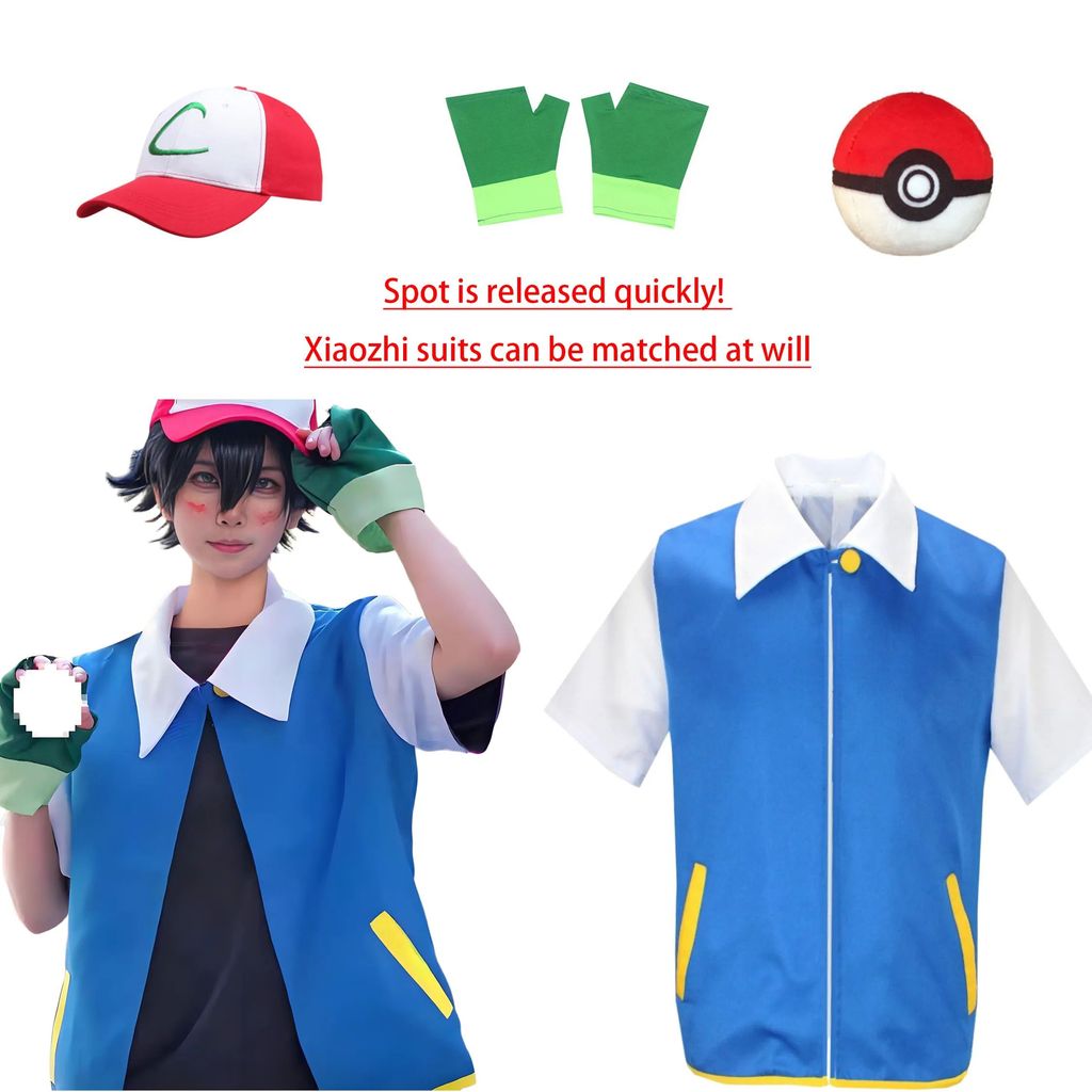Ash Ketchum Anime Cosplay Traje Para Meninos E Meninas Jaqueta Azul Trainer Outfit Com Boné Luvas Conjunto Festa Pokemon