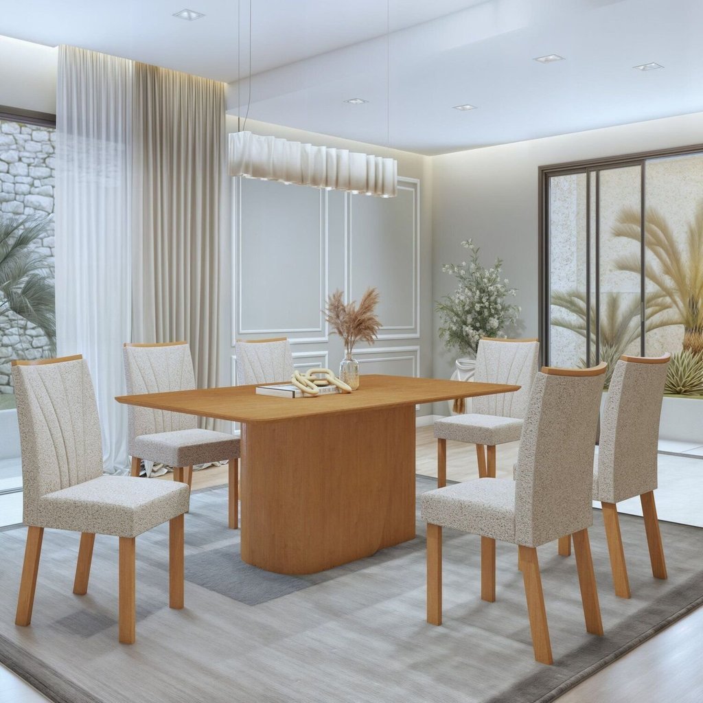 Conjunto Sala de Jantar 6 Lugares Retangular Tampo MDF No Glass Mesa Luar com Cadeiras Apogeu Amêndoa Clean/Boucle Bege