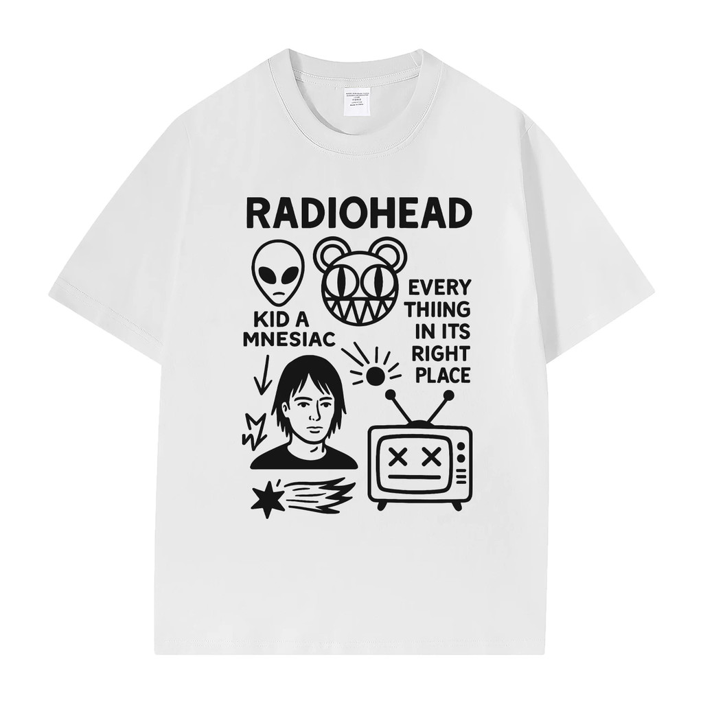 Camiseta Branca Unisex Design com Características e Textos "RADIOHEAD" e "NO IDEA EVERYONE IN ITS PLACE" Alta Qualidade