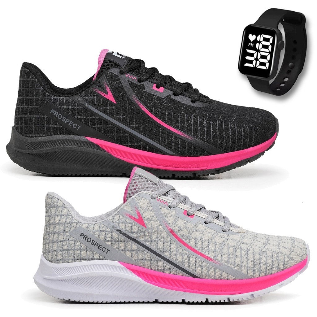 Kit 2 Tênis Feminino Prospect Spark Caminhada Academia Corrida + Relógio Led