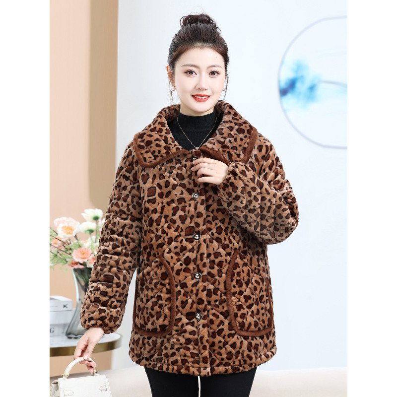 Roupas femininas idosas de meia-idade roupas da mãe estampa de leopardo roupas acolchoadas de algodão lapela acolchoada