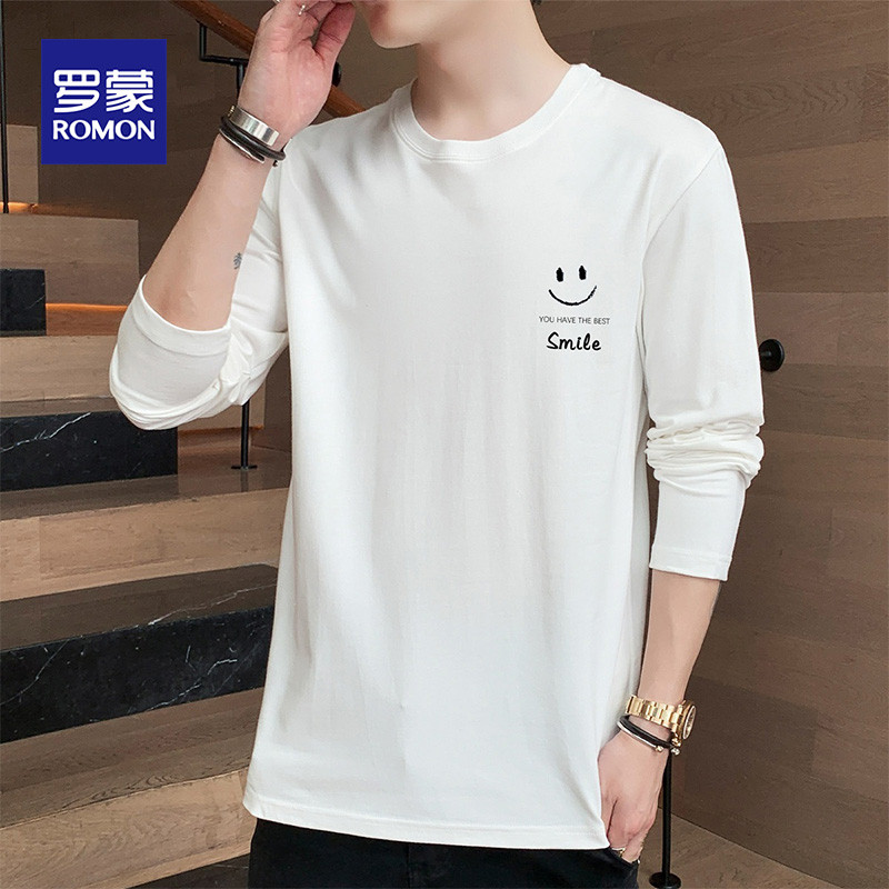 Lomon camiseta masculina de manga comprida primavera solta em torno do pescoço roupas superiores juventude puro algodão 