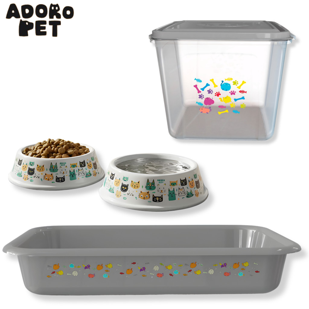 Kit Gato Cinza 4 Peças com Caixa de Areia Grande Porta Ração 3,2L e Potes Melamina Premium