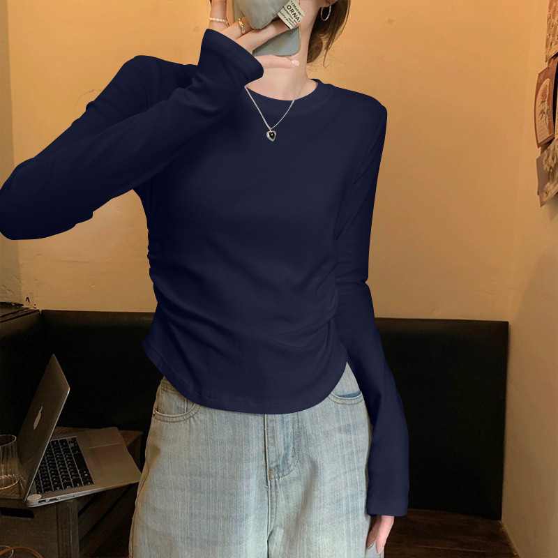 Camiseta feminina de manga comprida com rosca 2025 novo estilo primavera outono estilo ocidental Irregular simples usar 