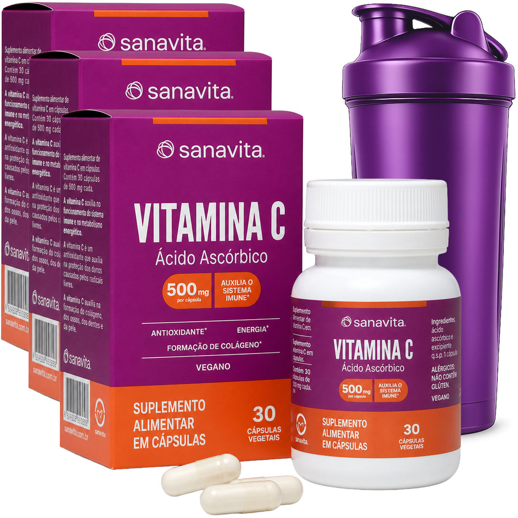 Kit 3x Vitamina C 30 Cápsulas Coqueteleira Imunidade Antioxidante Energia Suplemento Saúde Defesa