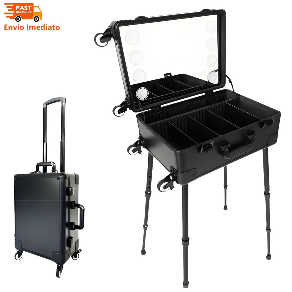 Camarim Mp3 Maleta De Maquiagem Com Espelho E Led Cor Preto