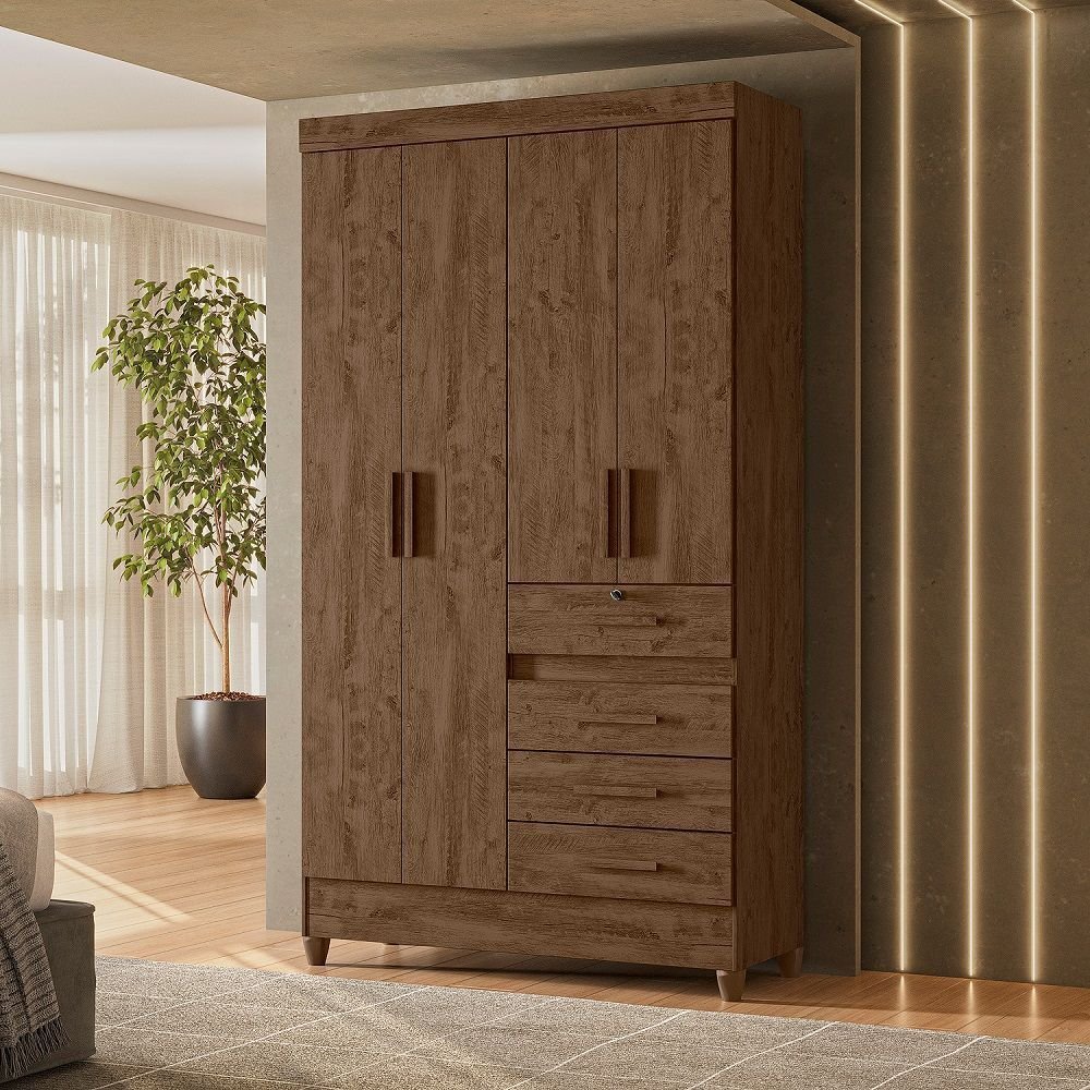 Guarda-Roupa Solteiro 4 Portas 4 Gavetas e 1 com Chave e Pés Sobral Marrom/Castanho Wood Castanho