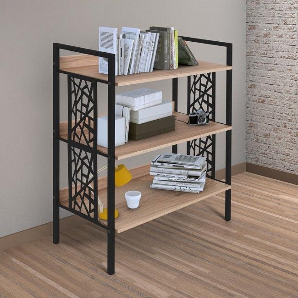 Estante Baixa 76cmx96cm 3 Prateleiras Beta Preto Fosco/Carvalho