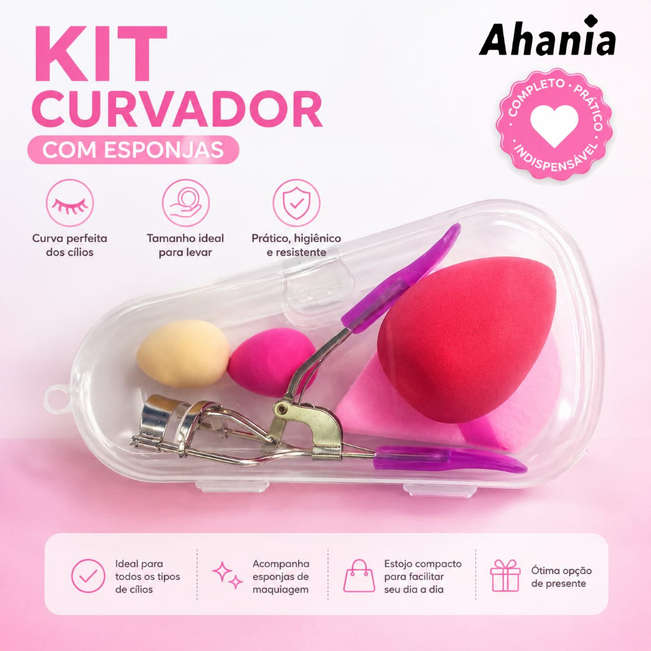 Kit de 4 Esponjas com Curvador de Cílios Mola para Maquiagem, com Estojo Triângular