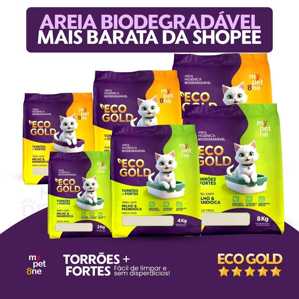 Areia Higiênica Biodegradável Para Gatos Eco Gold MyPetOne - Fina e Grossa 2kg, 4kg, 8kg