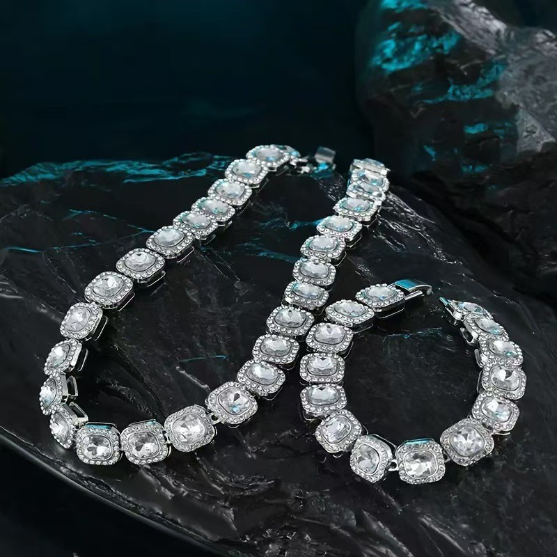 Deslumbrante Conjunto de Pulseira e Colar Cravejado de Diamantes Quadrados, Estilo Punk, Corrente Cubana, Pulseira Estil
