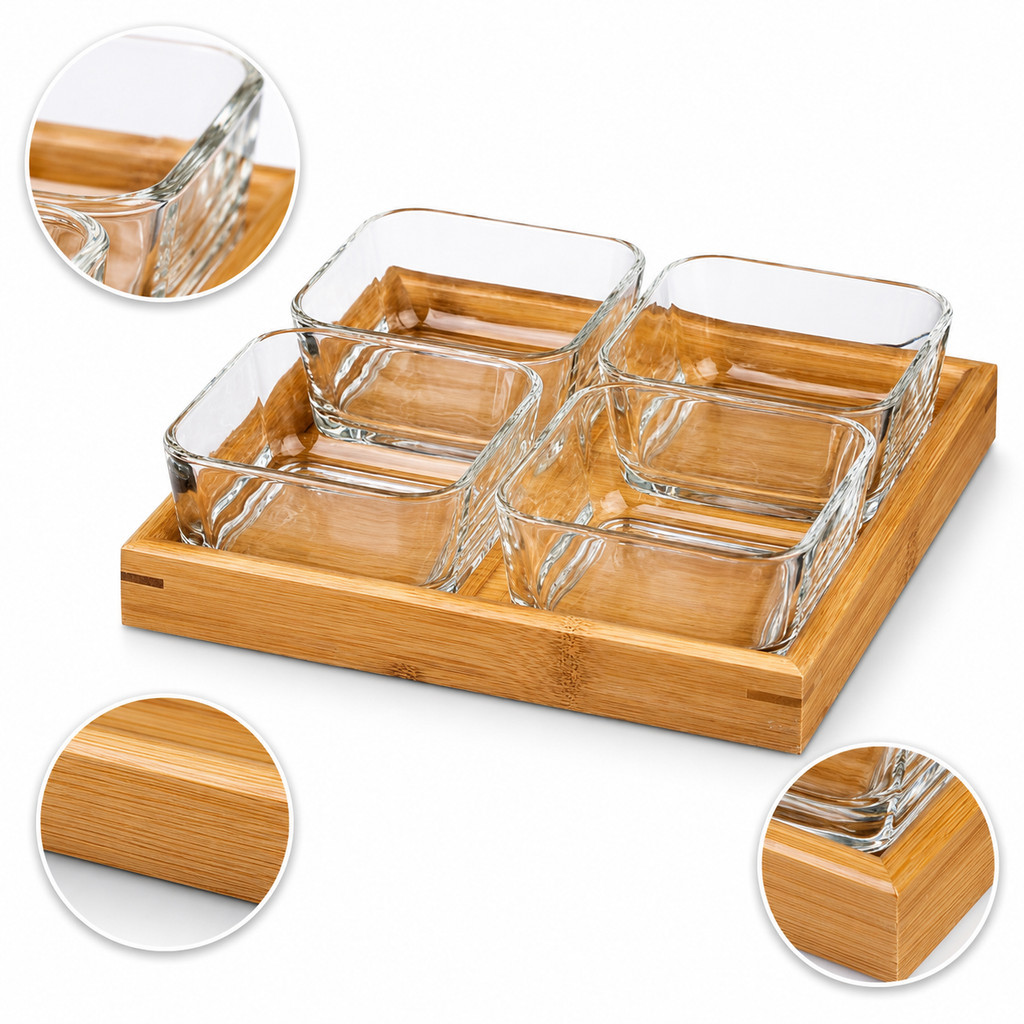 🛍️ Conjunto Petisqueira 4 Bowls 290Ml Bandeja Bambu 04 travessas de vidro Aperitivo