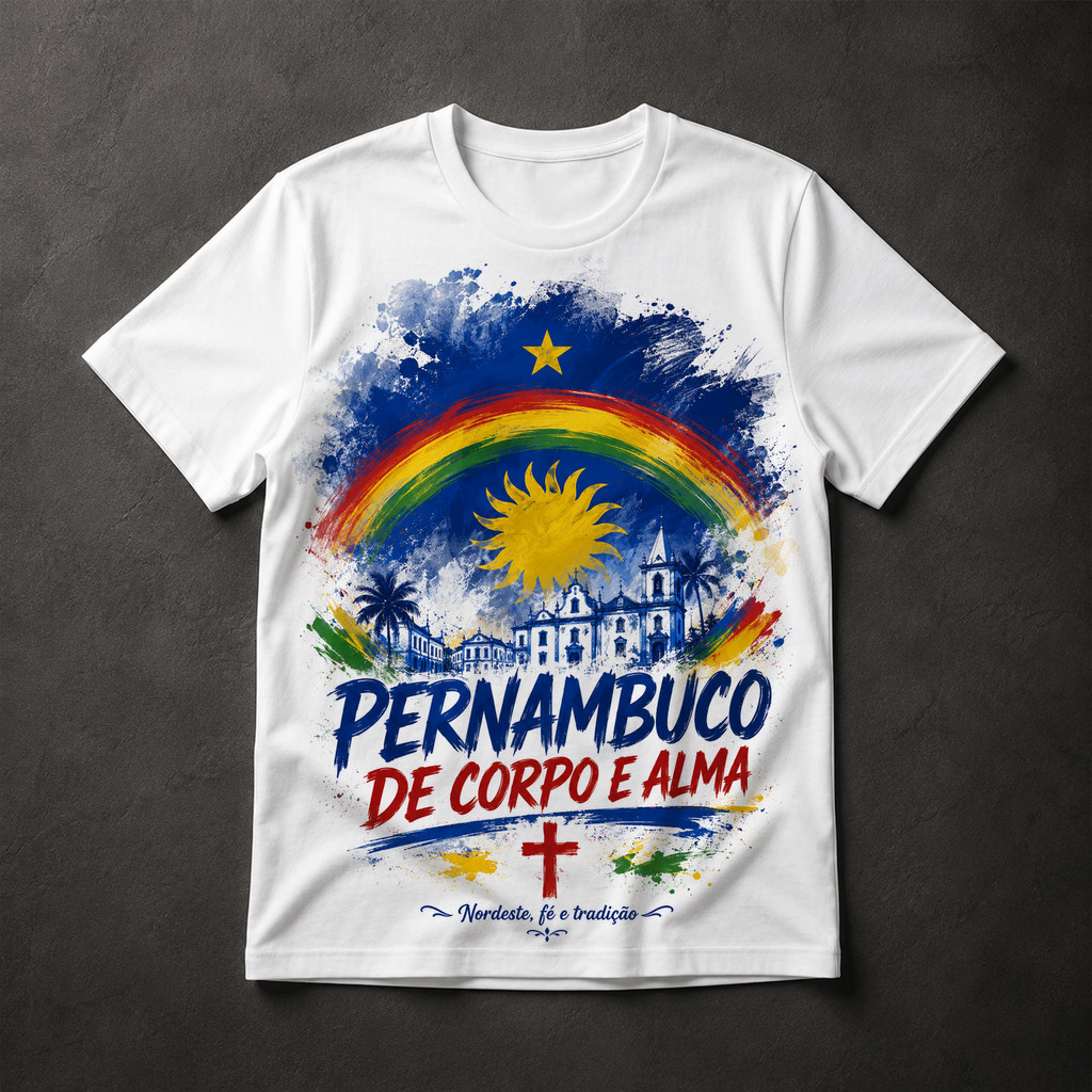 Camiseta Pernambuco De Corpo e Alma Nordeste Fé e Tradição Estampa Regional