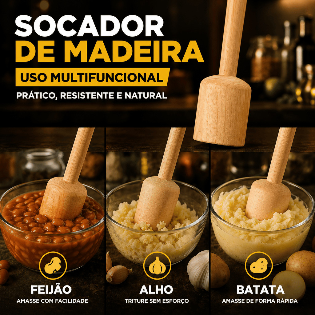 Socador de Feijão Alho Carne Batata Bambu Multiuso 28cm Amassador Temperos Cozinha Madeira