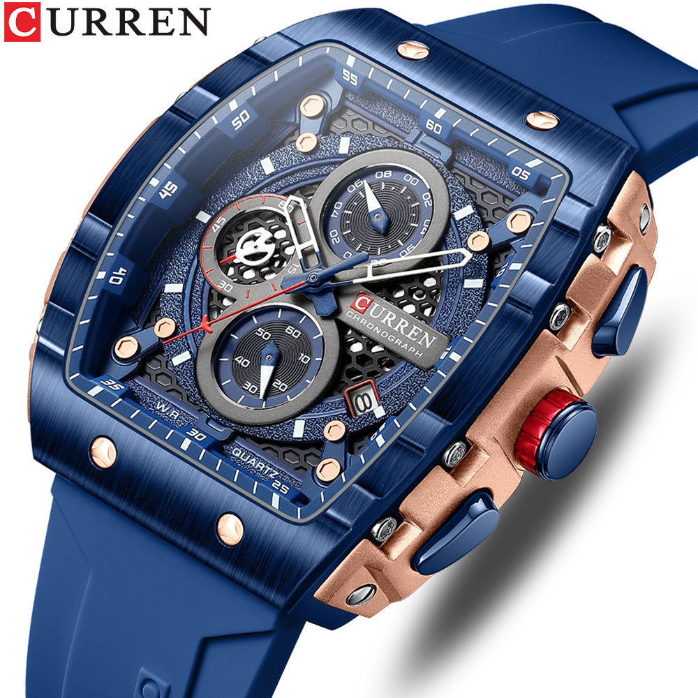 Relógio masculino original da marca CURREN, cronógrafo com ponteiro luminoso, pulseira de silicone, relógio esportivo JI