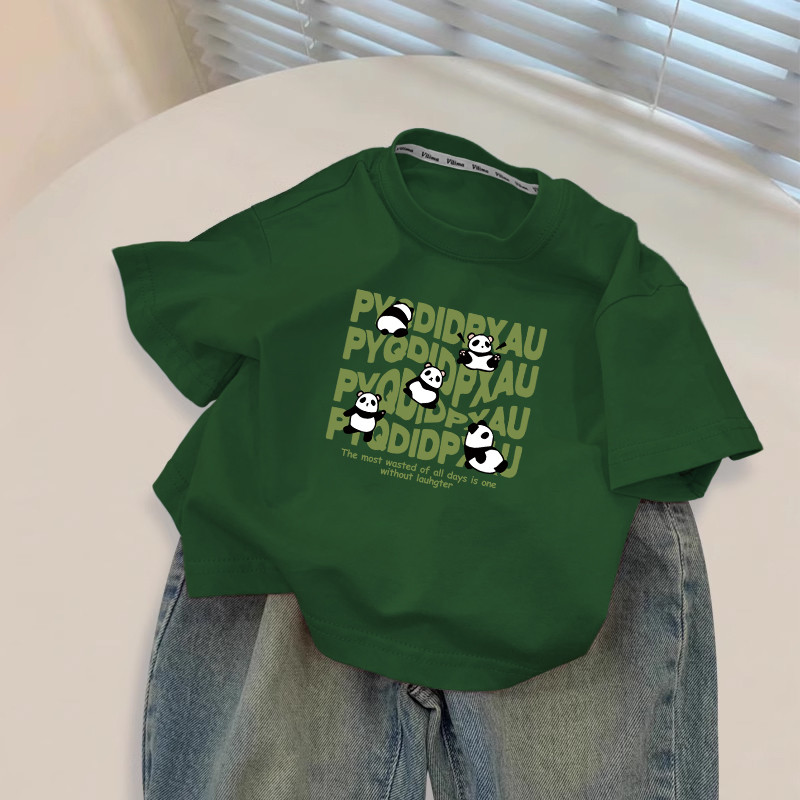 2025 novo estilo menino dos desenhos animados Panda puro algodão de manga curta camiseta verão versão coreana crianças e