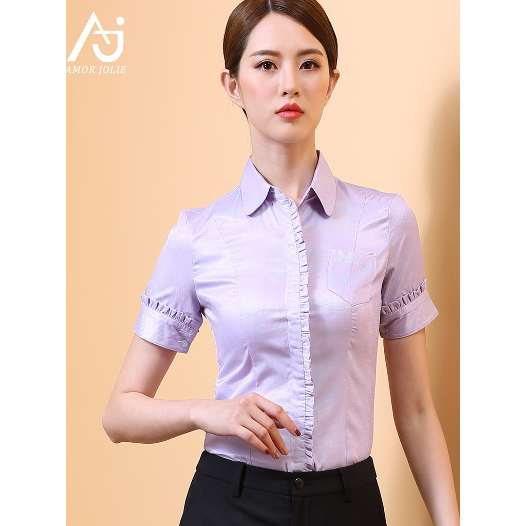Camisa profissional feminina de manga curta fungo renda camisa roxo mercerizado algodão cintura estreita macacão banco H