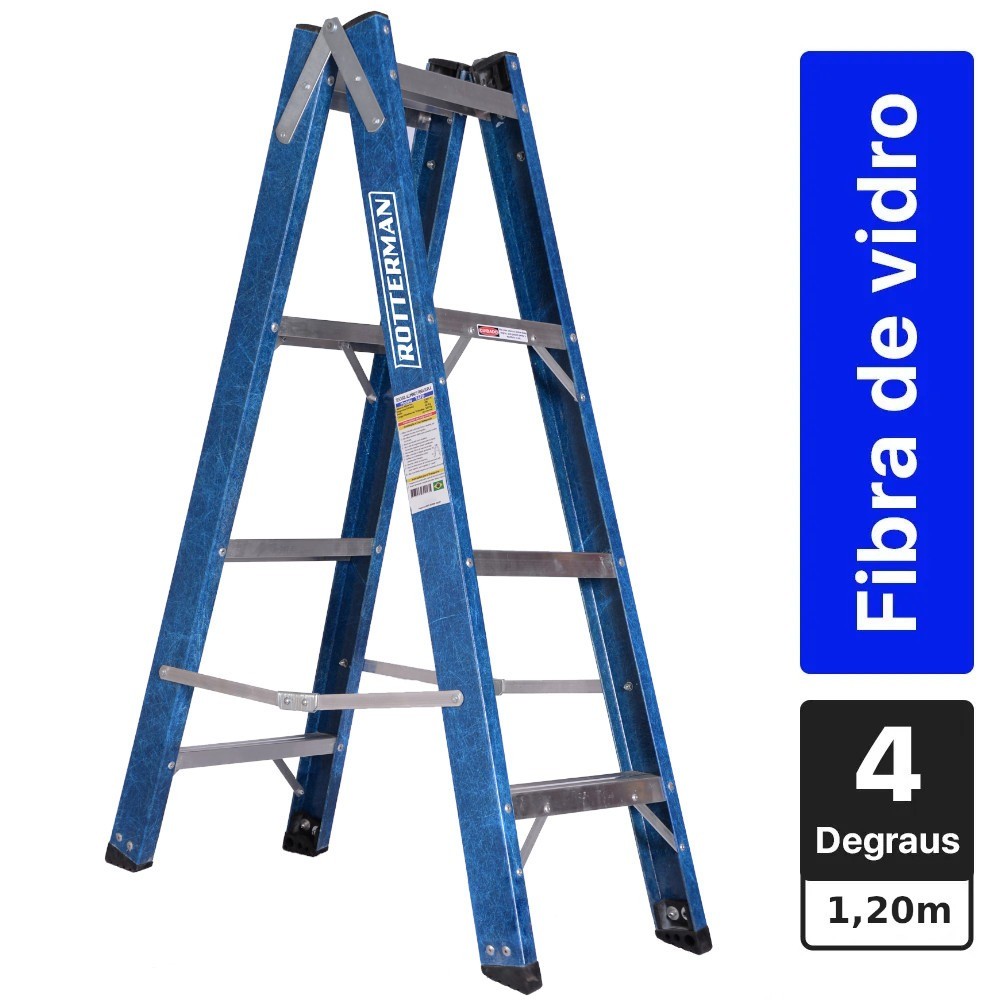 Escada de fibra de vidro 4 degraus 1,2 m modelo americano dupla - Premium - Rotterman