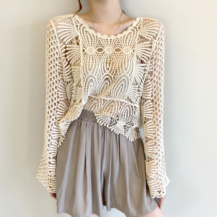 Cardigan curto protetor solar roupas femininas bordado oco manga comprida roupas de praia protetor solar camisa feminina