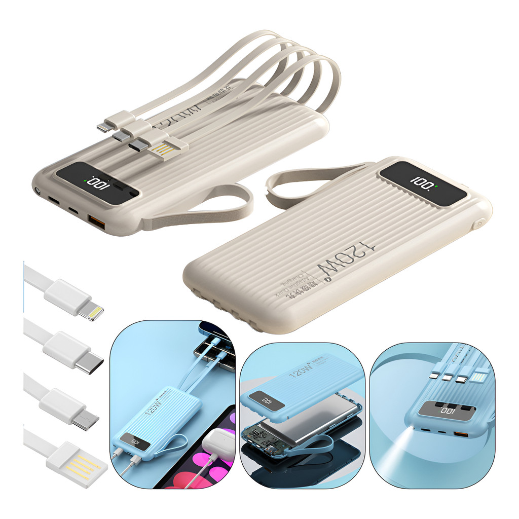 Power Bank De 10000 Mah Com 4 Cabos E Carregamento Sem Fio