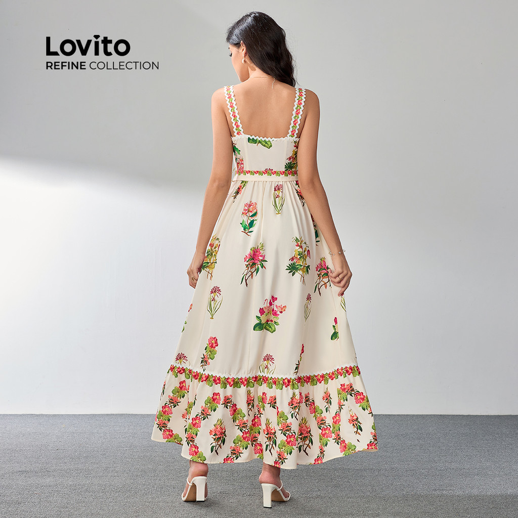 Detalhes do (Lovito Refine) Vestido Elegante Floral No Pescoço Trança Verão/Primavera Vestido Com Cinto Para Mulheres LR4LD070