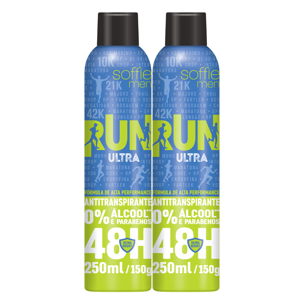 Kit com 2 Desodorante Aerossol Masculino Para Corrida Soffie RUN Ultra Fórmula Ultra Resist Alta Performance 250ml 150g