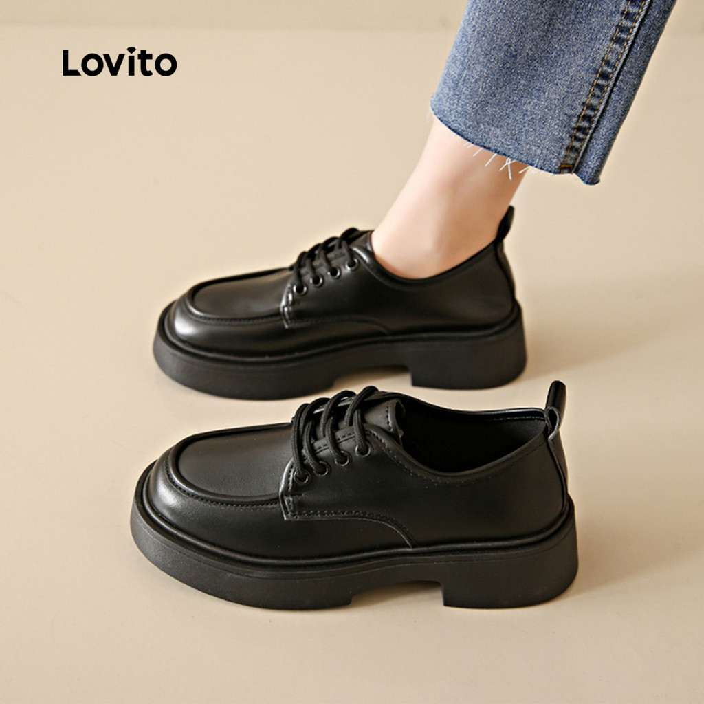 Lovito Vintage liso Retro estilo de couro preto Jk barco sapatos para mulher LFA76314 em Oferta na Shopee