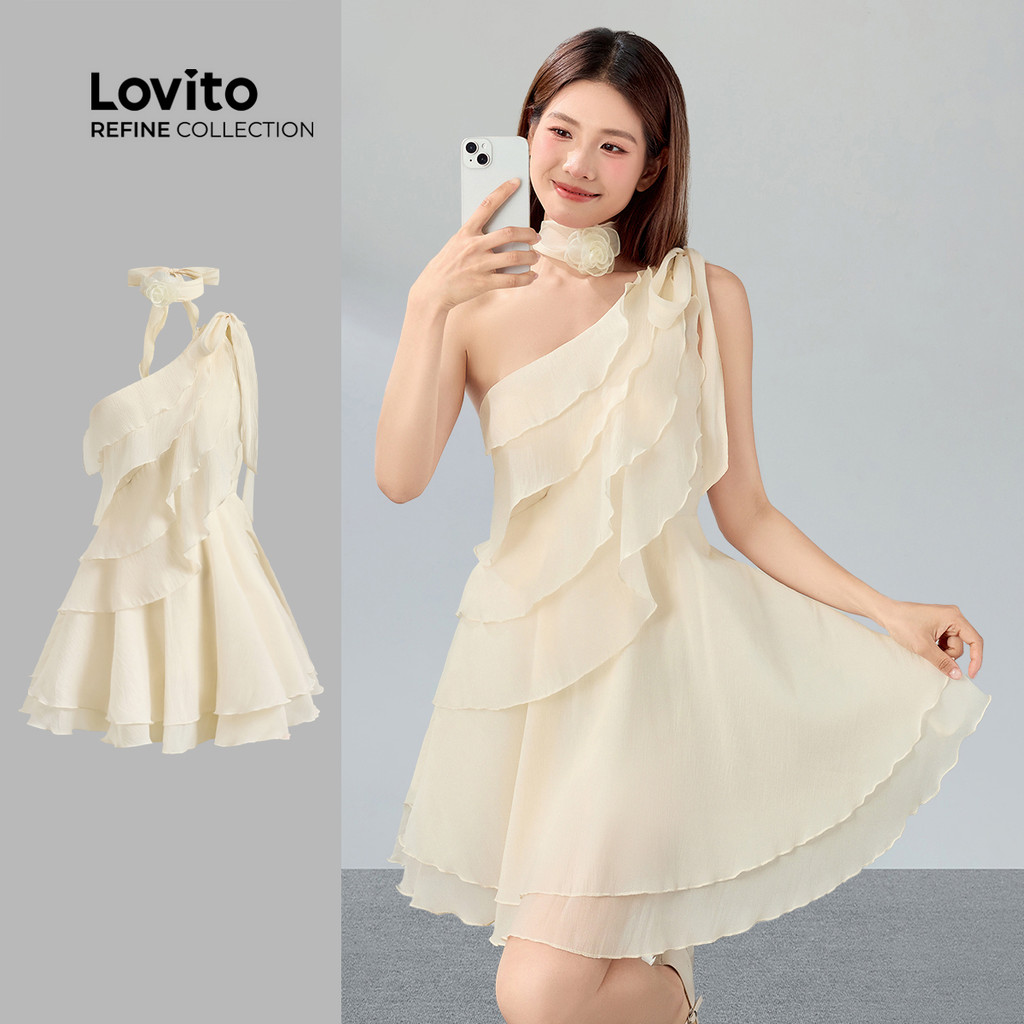 (Lovito Refine) Vestido Casual De Tecido De Lã Com Babados Verão/primavera Lindo Vestido De Noite Feminino LR7AD040 em Oferta na Shopee