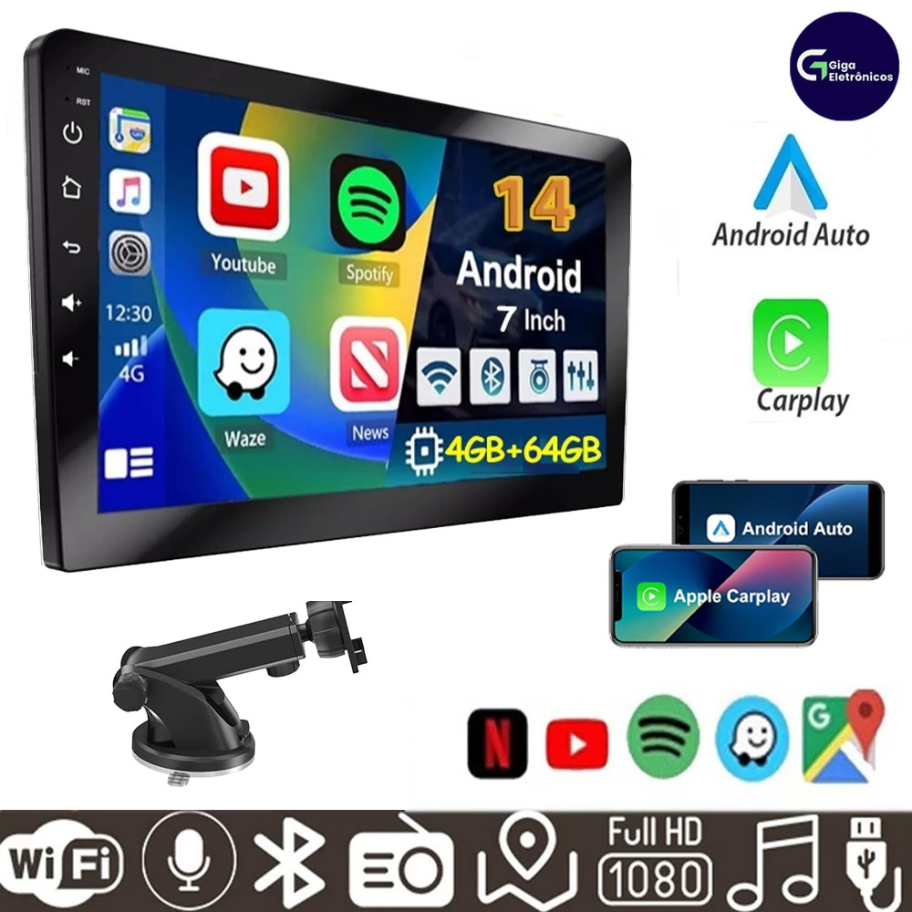 Equipamento Multimídia Carro: Tela Touch 7   Polegadas Android Auto,  CarPlay Sem Fio, Câmera e Bluetooth &FM 