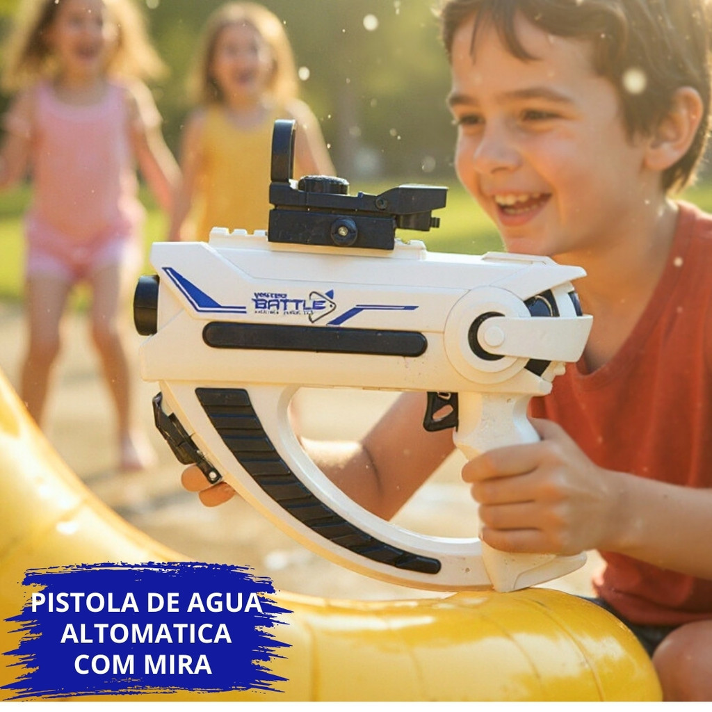 BRINQUEDO PISTOLA DE ÁGUA DISPARO CONTÍNUO, BATERIA RECARREGÁVEL, ALTA PRESSÃO E MIRA REMOVÍVEL
