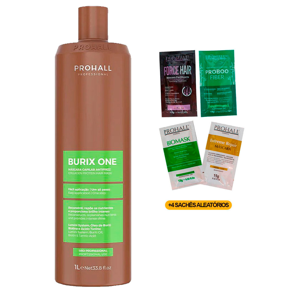 Burix One Prohall 1 Litro Liso Super Escorrido Alisa Todo tipo de Cabelo +4 Sachês