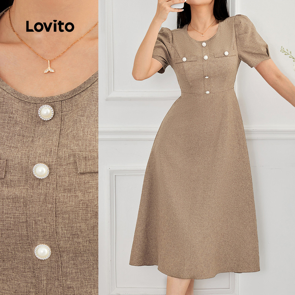 Lovito Vestido Elegante com Linha de Estrutura Botões Primavera/verão Caqui para Mulher LBL28013 em Oferta na Shopee
