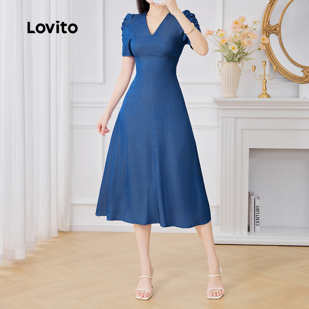 Detalhes do Lovito Vestido Azul Casual de Primavera/verão com Pregas Drapeado para mulheres L150AD1339