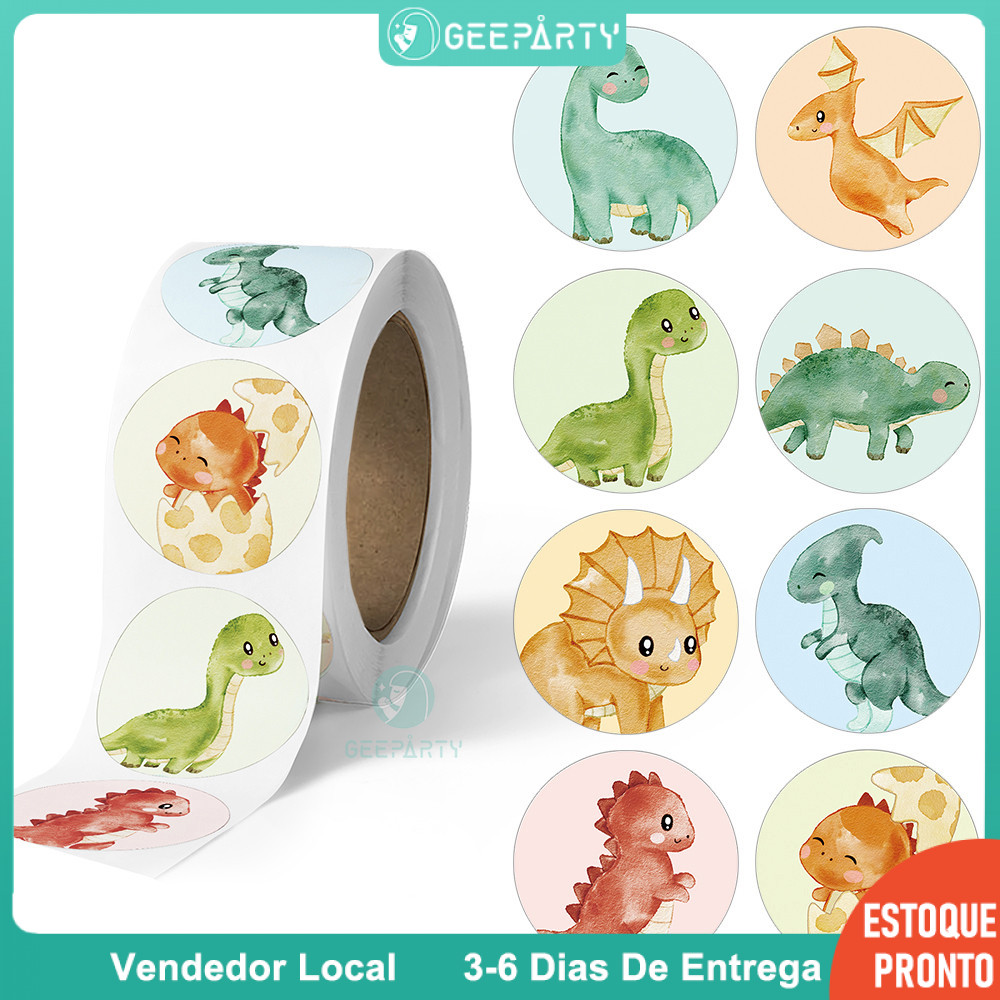 GeeParty 500 Pcs/Rolo Adesivos Tema Dinossauro Fofos - Presente e Decoração para Festa Infantil
