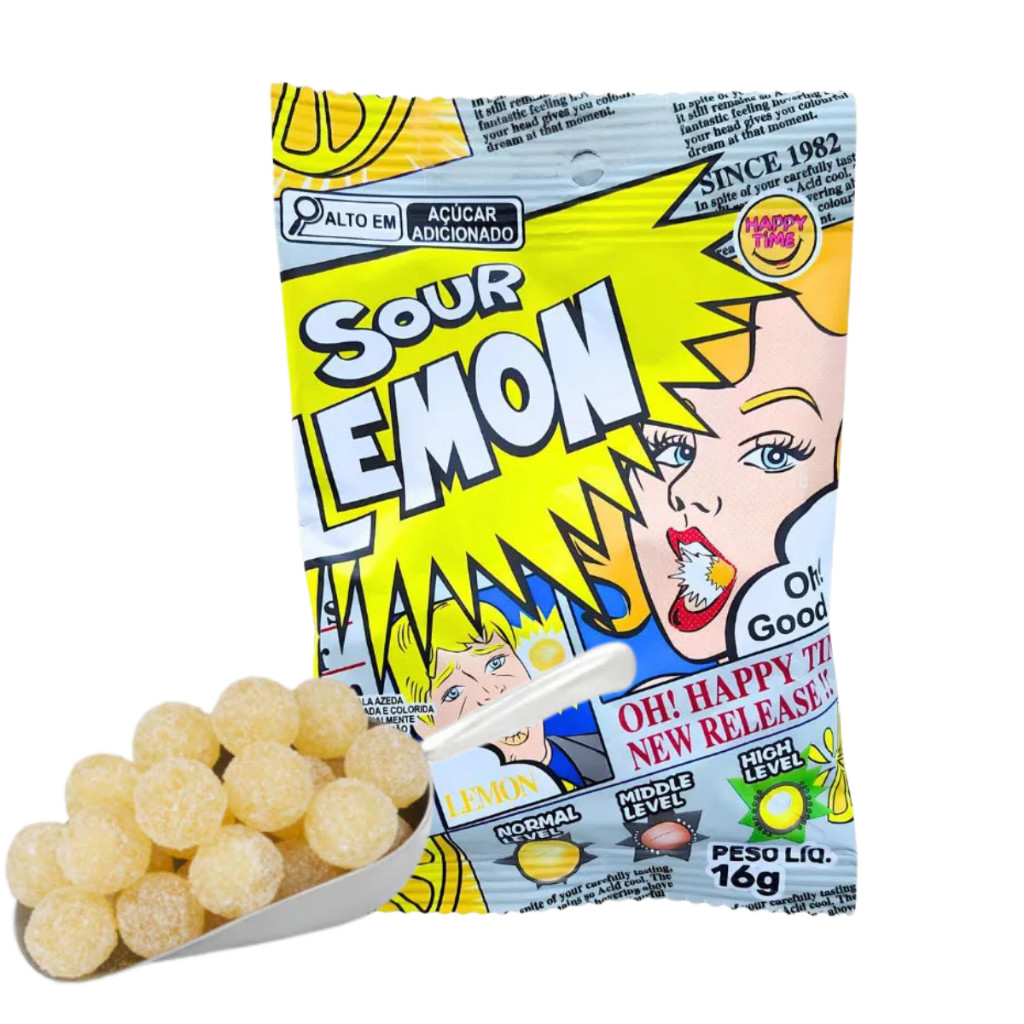 Bala Super Azeda Sour Lemon Limao Happy Time 16g Sabores Limão, Morango ou Cola