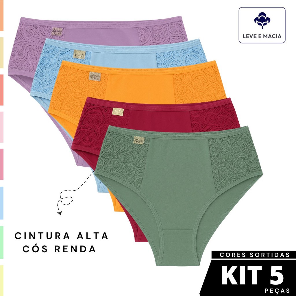 Kit 5 Calcinha Cós Alto Lateral Renda Feminina Vera Tanga Conforto Forro Algodão Cores Sortidas em Oferta na Shopee