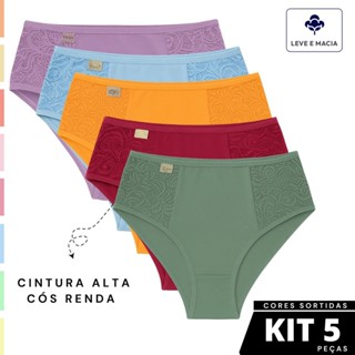 Kit 5 Calcinha Cós Alto Lateral Renda Feminina Vera Tanga Conforto Forro Algodão Cores Sortidas em Oferta na Shopee