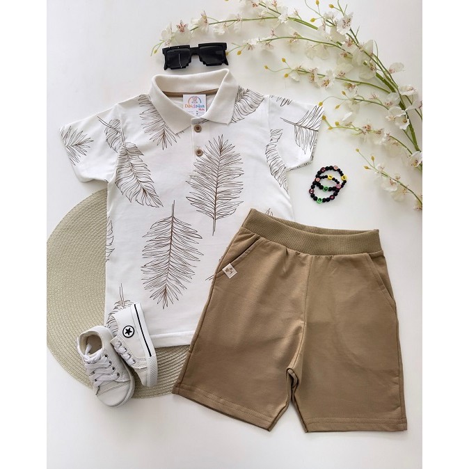 Conjunto Menino Infantil Masculino Camisa Gola Polo Short Bermuda Bege Marinho Branco Verde GAEL