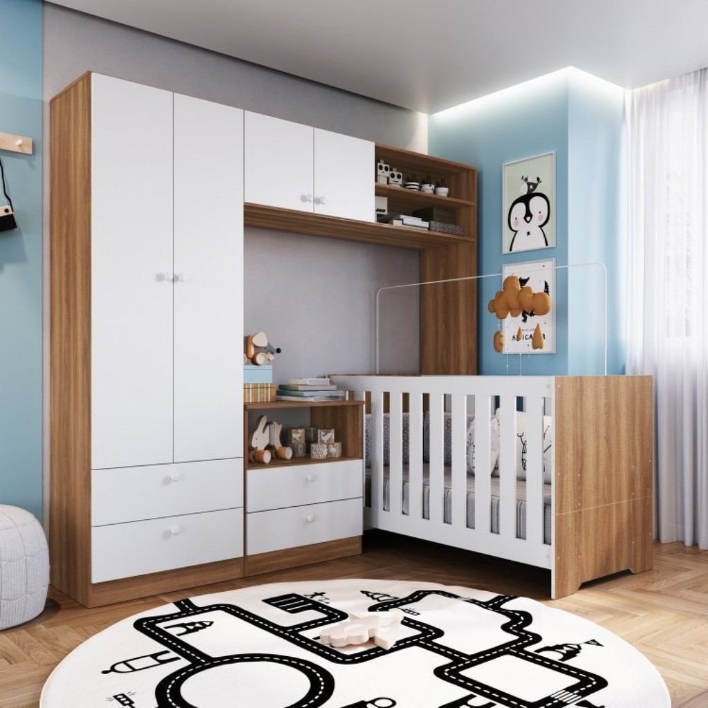 Conjunto para Quarto de Bebê com Berço 3 em 1, Cômoda e Guarda-Roupas  Nogal Manchester/Branco