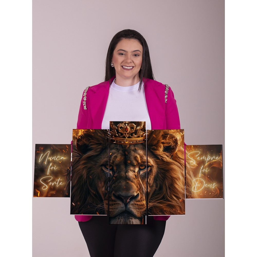 Quadro Decorativo Leão Rei Coroado 5 Peças Sala Quarto Escritório Moderno Luxo Fé Deus Força
