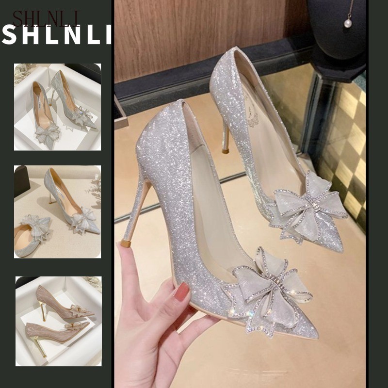 Primavera E Outono Feminino Prata Strass Arco Apontou Salto Alto Casual Elegante Sapatos De Casamento em Oferta na Shopee