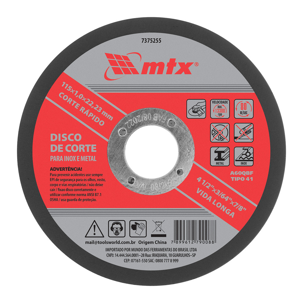 DISCO DE CORTE, PARA INOX E METAL, 115 X 1 X 22,23MM, 1PC // MTX