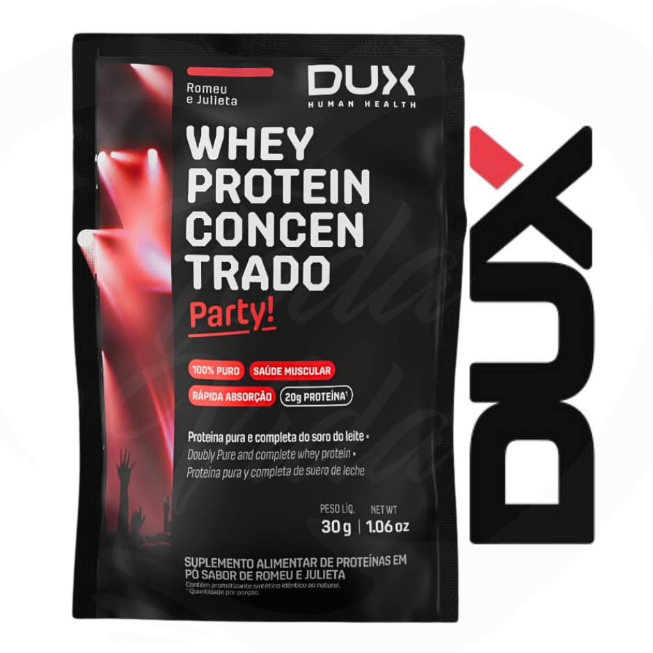 WHEY PROTEIN CONCENTRADO PARTY - SACHÊ DUX 28G ROMEU E JULIETA em Oferta na Shopee