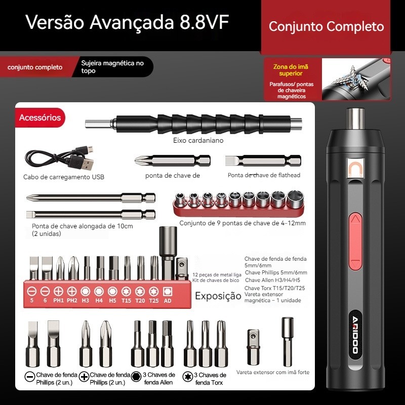 Kit Profissional 52 em 1: Chave de Fenda Elétrica Recarregável. Precisão e Potência com 2000mAh de Carga.