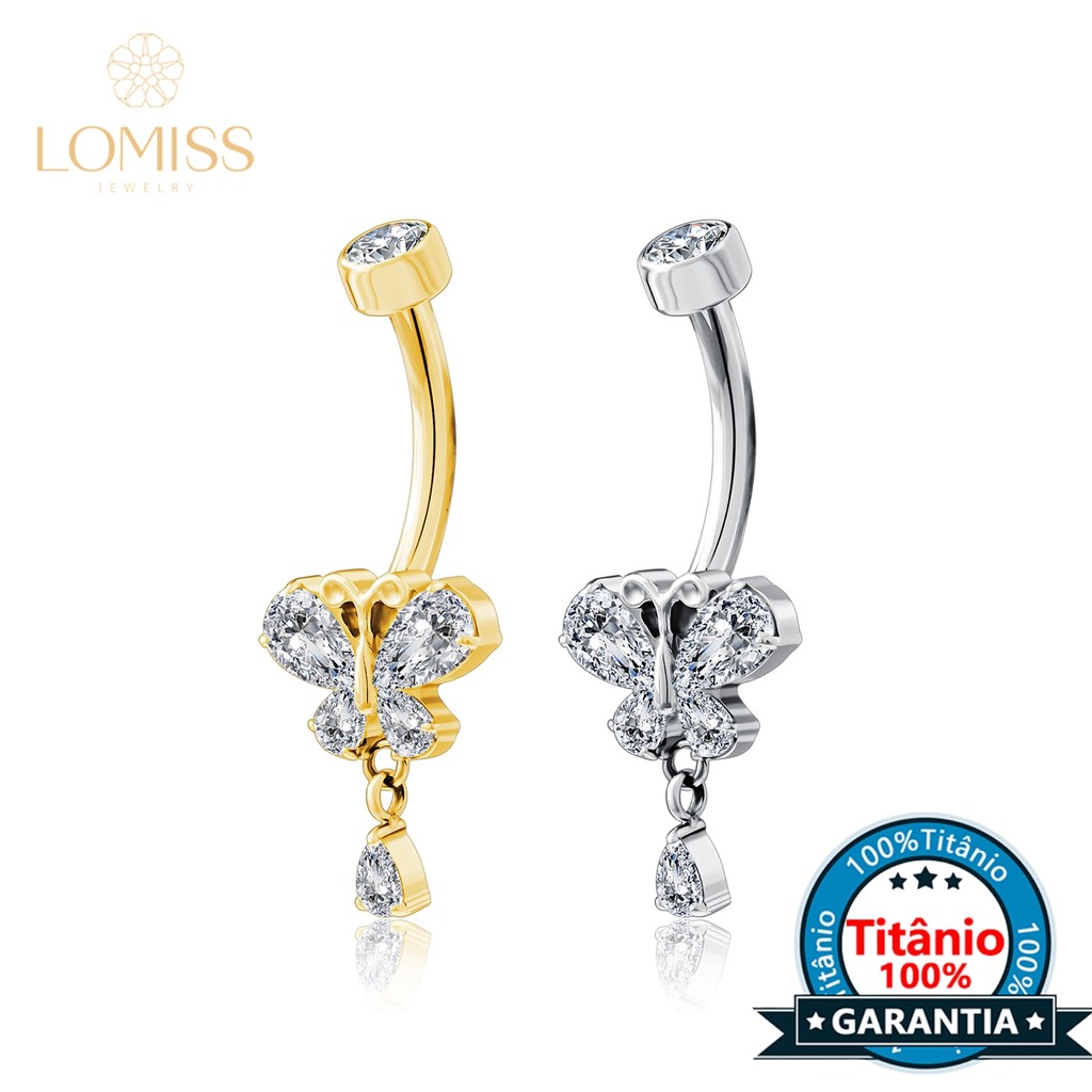 LOMISS Piercing Umbigo com Pingente Borboleta Banana Titânio Indiano Zircônia Dourado em Oferta na Shopee
