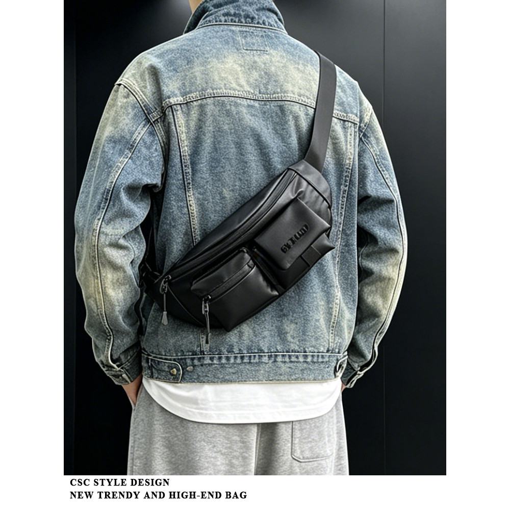 Bolsa de peito de couro escuro de grande capacidade estilo ferramentas masculinas Multi-bolso Commuter trabalho lateral 