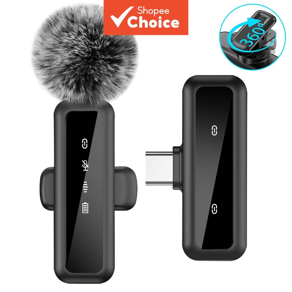Microfone de lapela sem fio com presilha giratória 360°, microfone único com cancelamento de ruído, conexão USB-C Plug &