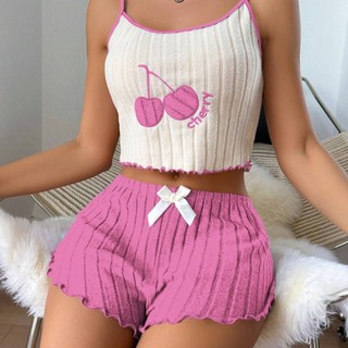 Conjunto de Pijama Feminino Bordado com Camisola e Shorts de Tecido Escovado