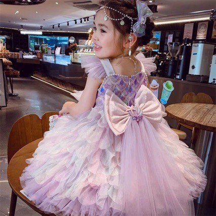 Vestido Sereia Ombre Roxo-Rosa Para Meninas , De Festa Em Tule Com Babados Camadas E Detalhes De Pérola